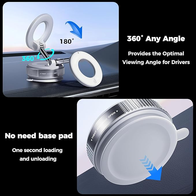 Vacuum Magnetic Phone Holder for Car 360° Adjustable Magsafe Car Mount - Compatible All Smart Device Phone Mount, Secure GPS & Call, Magsafe Accessories & Car Stuff (White)