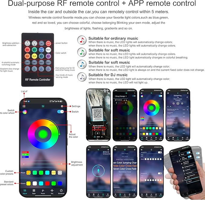 Car Atmosphere Light Kit 6m Fiber Optic Multicolor Sound Active Music Sync Memory Function RF Remote Controller + Bluetooth APP Control 64 Colors USB Car Interior Footwell Ambient Lighting Kit