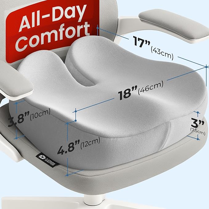 5 STARS UNITED Seat Cushion - Memory Foam Chair Cushion for Tailbone Pain Relief - Ergonomic Support for Coccyx, Sciatica & Butt - Office, Desk & Gaming Chair, Car Seat, Wheelchair, Light Gray Suede