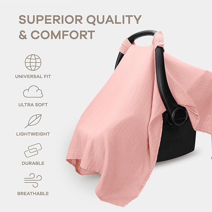 Comfy Cubs Baby Car Seat Cover - Soft, Breathable Bamboo Rayon and Muslin Cotton Blend - Lightweight Canopy for Sun, Bug, and Comfort Protection - Large Size Infant Seat Cover in Bold Blush Design