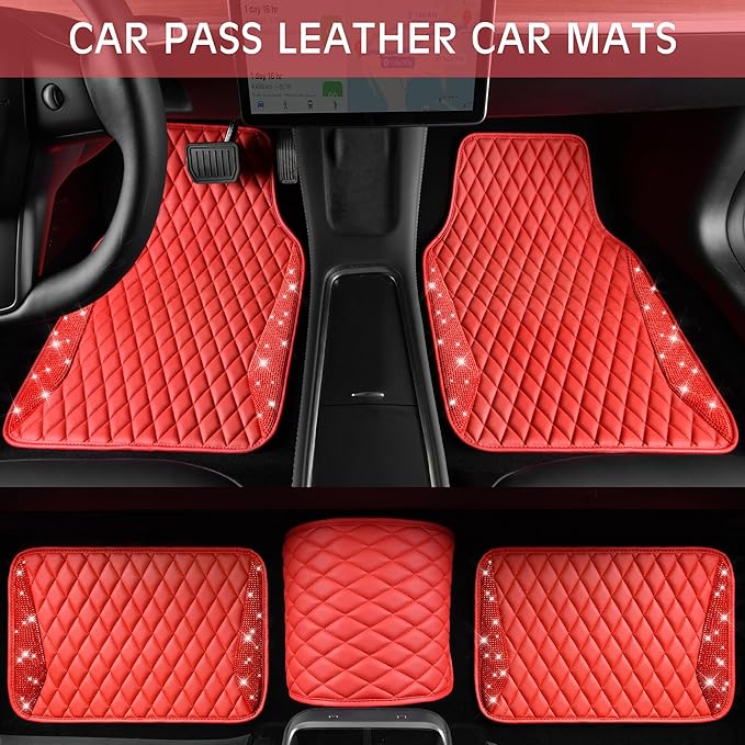 CAR PASS Bling Leather Car Mats Shining Diamond Floor Mats Crystal Rhinestones Sparkly Glitter Carpet Anti-Slip Waterproof Pad Universal Fit for Automotive SUV, Sedan, Van, 5pcs for Girl Women Red