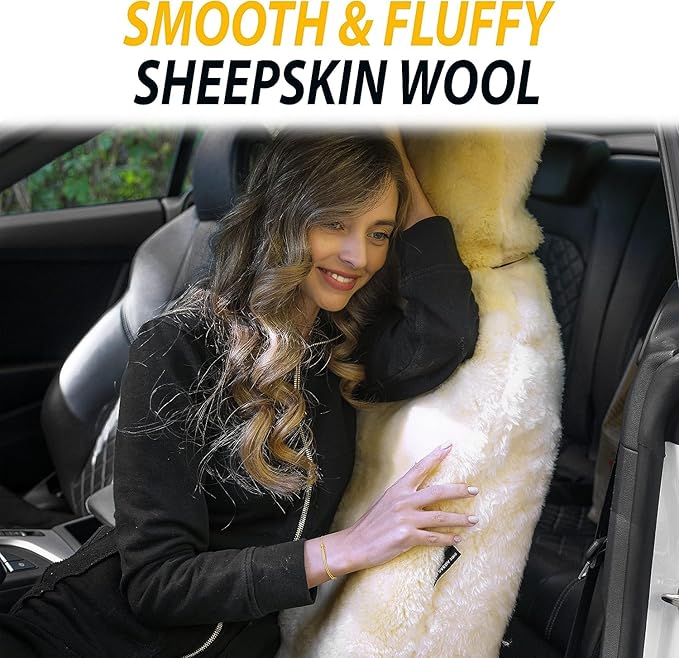 ZONETECH Sheepskin Seat Covers Fuzzy Car Seat Covers Ivory Australian Merino Wool Fluffy Fur Auto Accessories All Season Protection for Your Seats Universal Fits Most Car SUV Airbag Compatible 2-Pack