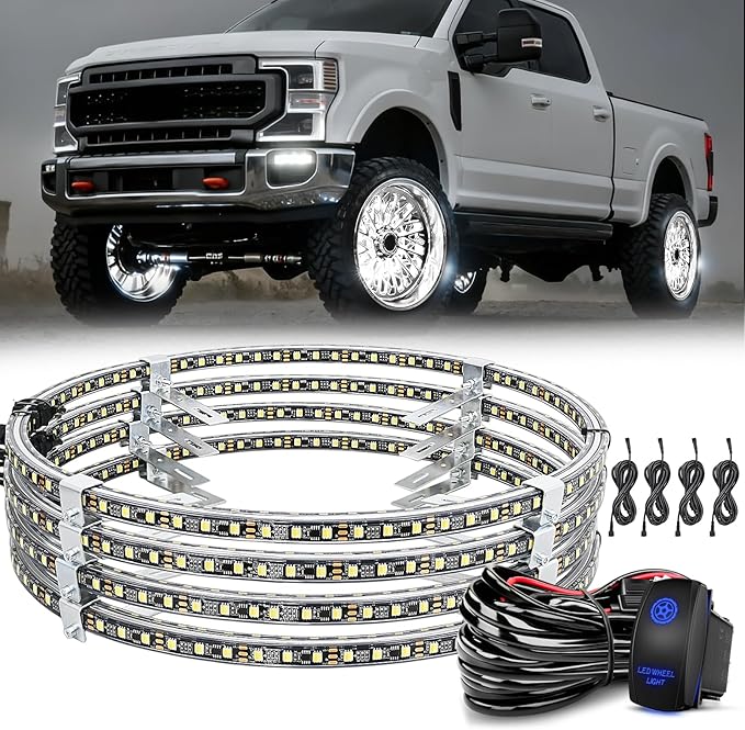 Nilight 4PCS 17inch Double Row LED Wheel Ring Lights Pure White with Wiring Harness Kit Rocker Switch Control Dual Row for Car Van SUV Truck