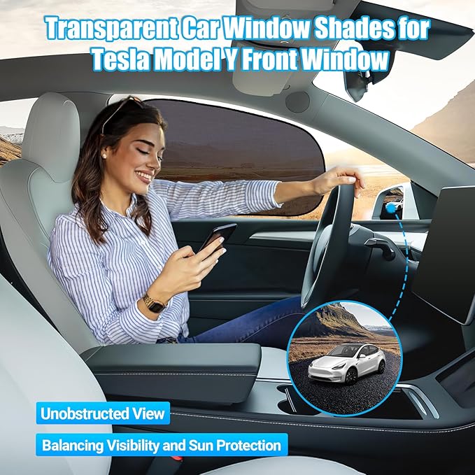 ZATOOTO Tesla Model Y Window Shades for Front Window Sun Shade Semi Transparent Static Cling | Custom Fit 2020-2024 | 95% UV & Heat Block | Privacy Protection | No Adhesive, Tool-Free Install