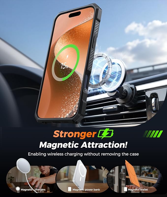 FNTCASE for iPhone 17 Pro Case: [360 Spin Magnetic Ring Kickstand] [Compatible for MagSafe] [Screen Protector] Heavy Duty Military Grade Protection Protective Phone Case with Stand Translucent Orange