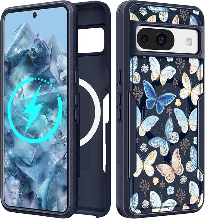 for Google Pixel 8A Case 6.1 Inch - Compatible with MagSafe Women Girls Cute Magnetic Protective Cover Kawaii Girly Blue Butterfly Heavy Duty Shockproof Design for Google Pixel 8A Phone Cases