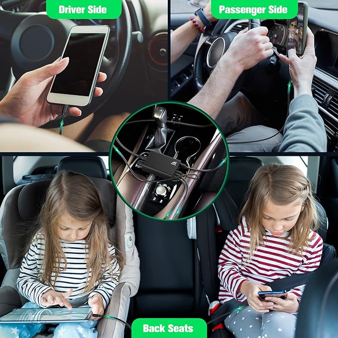 Multi Ports USB Car Charger, 96W 6 Port QC3.0 Fast Adapter Multiple Ports, with Four Quick Charge 3.0 Port, 12V-24V Multi Device Cigarette Lighter for Smart Phone & Tablets Charging