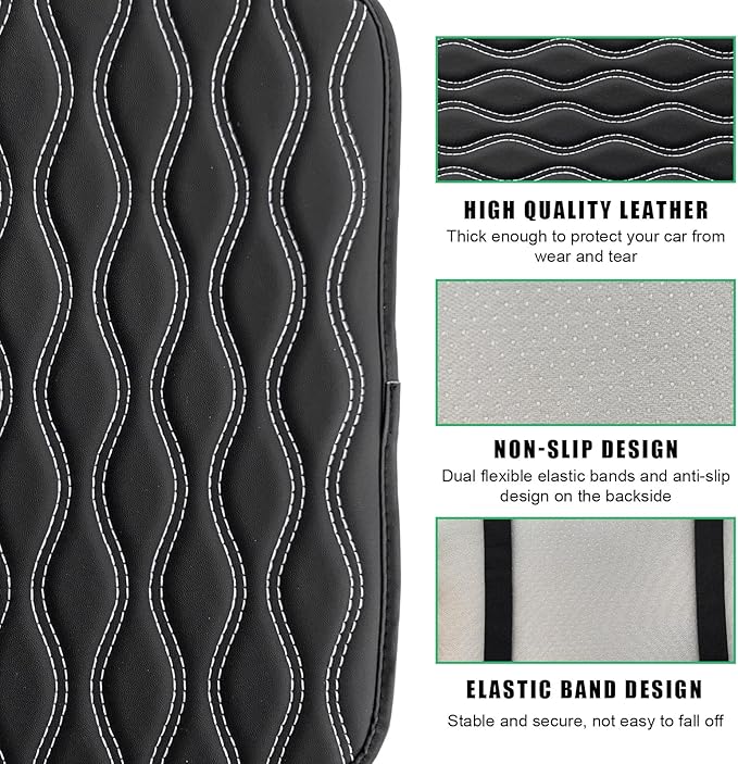 Car Center Console Pad, Waterproof Auto Armrest Seat Box Cover, PU Leather Arm Rest Protector Cushion Pad, Universal Vehicle Interior Protection Accessories for Car SUV (Black & White)