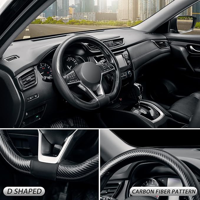 SEG Direct Flat Bottom Steering Wheel Cover Carbon Fiber, D Shaped Car Wheel Cover 14 1/2-15 in. (37-39 cm), Black Microfiber Leather with Carbon Fiber Pattern
