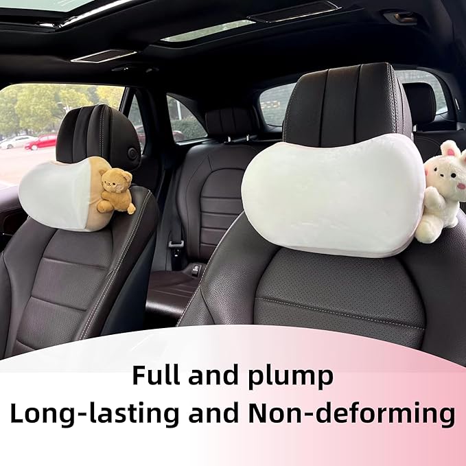 Car Headrest Pillow 2PCS Plush Bear ＆ Bunny Car Seat Headrest Pillow - Memory Foam Neck Support Cushions for Comfortable Driving, Easy Install & Washable (Brown)