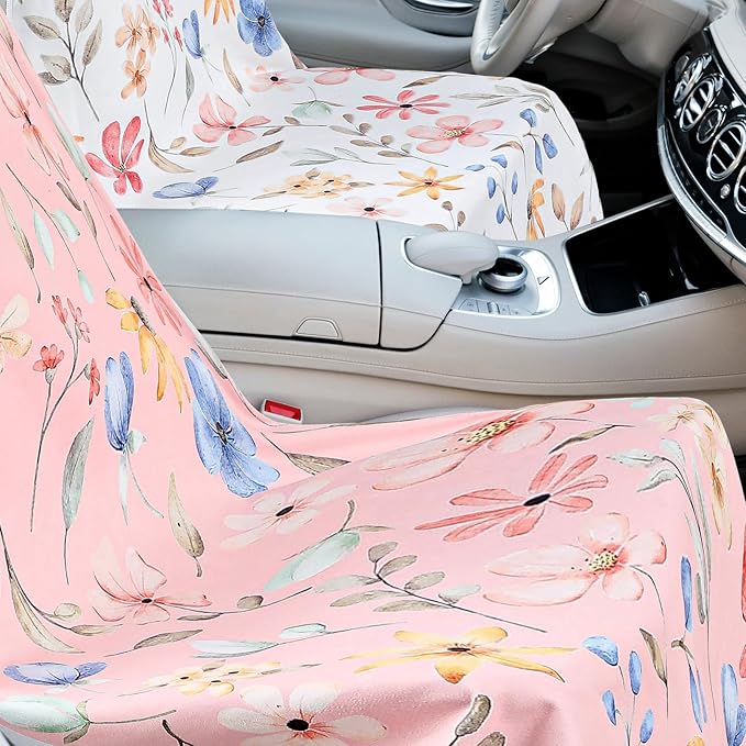 2 Pack Car Seat Towel Covers with Storage Bag 63 x 32 Inch Athletic Running Towel Seat Sweat Washable Non Slip Cover Gift for Car Outdoor Sport Activities (Watercolor Flowers)