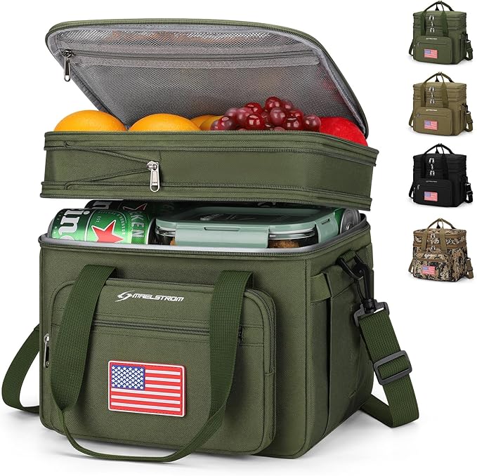 Maelstrom Lunch Box, 23L Insulated Lunch Bag, Expandable Double Deck Cooler Bag, Lightweight Leakproof Tote Bag With Side Tissue Pocket, Suit For Men and Women (G.Army Green with DIY Hook-and-Loop)