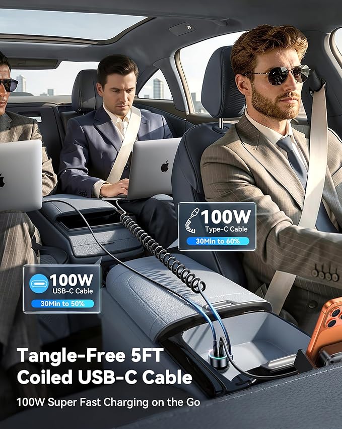 200W Car Charger USB C, PD100W Fast Charge w/100W Type C Fast Charging 5FT Coiled Cable, PD3.0/QC4.0/PPS Cigarette Lighter Phone Adapter for iPhone 17/16 ProMax, MacBook Pro/Air, Samsung S26/S25, iPad