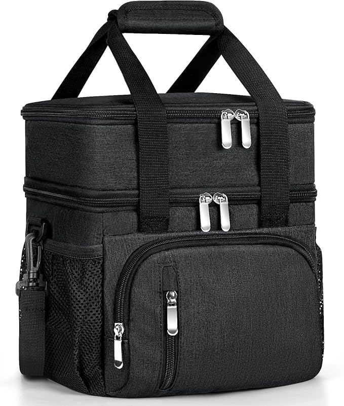 Insulated Lunch Bag for Men & Women, Double Leakproof Lunch Box Soft Cooler Tote with 5 Pockets, 600D Oxford, EVA Lining, Adjustable Strap for Work, Picnic, Beach&Travel-Black