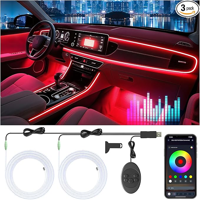 Car Led Strip Lights, Interior Car Lights, App Control Ambient Lighting Kit With RGB 16 Million Colors Fiber Optics&Music Sync Rhythm, USB Neon Light Accessories for Center Console&Dashboard, Upgraded