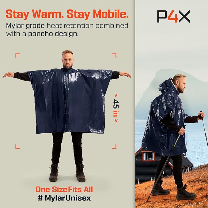 PREPARED4X Emergency Mylar Poncho – Survival Rain Poncho with Hood – Lightweight, Compact, Reusable Emergency Blanket Poncho for Hiking, Camping, Thermal Gear, Car Kit, Outdoors
