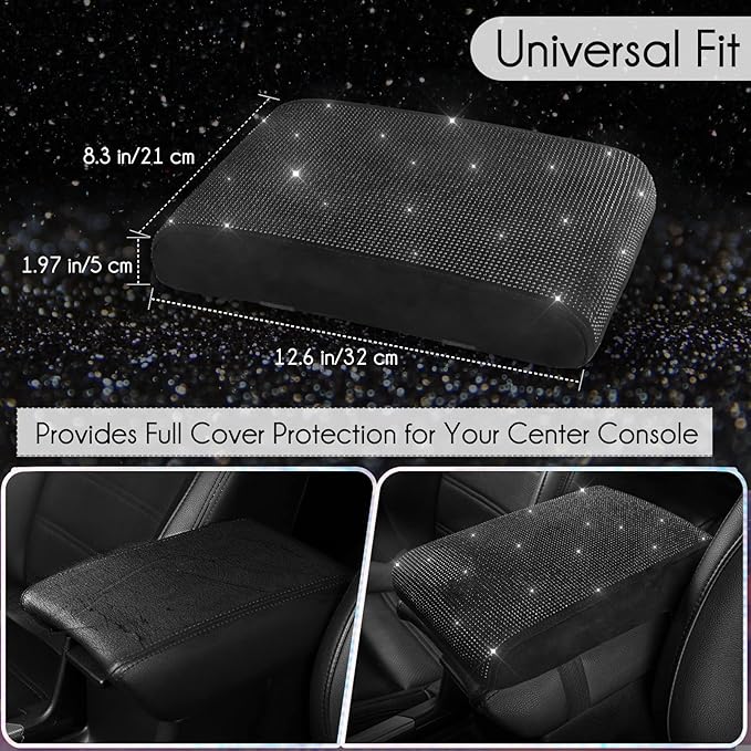 SEG Direct Diamond Auto Center Console Cover, Bling Car Armrest Cover, Memory Foam Armrest Cushion Pad with Crystal Rhinestones, Universal Seat Box Cover, Black Diamond