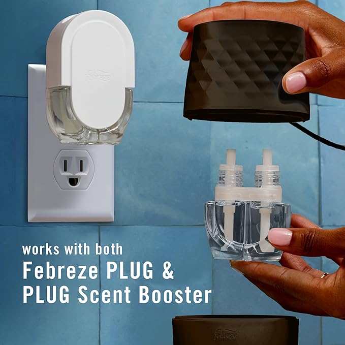 Febreze Plug Scent Booster Starter Kit, Black, Oil Diffuser, Air Freshener Plug in, Continuous Scent Device + 2 Hawaiian Aloha Refill