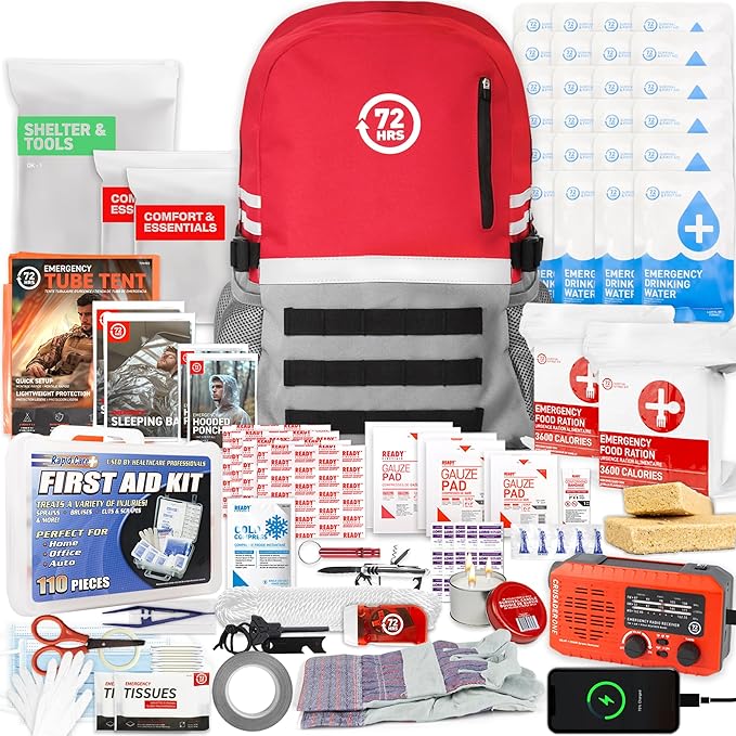72 HRS Deluxe Emergency Survival Kit - Heavy Duty 72 Hour Bag Survival Kit for Earthquake, Hurricane, Tsunami, Winter, Blackout - Includes Emergency First Aid Kit, Water, Food
