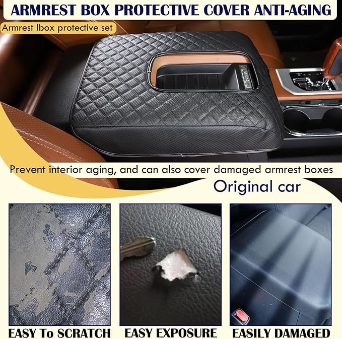 Center Console Armrest Cover Kit,Console Armrest Cushion Automotive Customized Console Armrest Cushion, Fit for Toyota Tundra 2014-2020 Accessory Organizer Protector (Plaid - Carbon fiber pattern)
