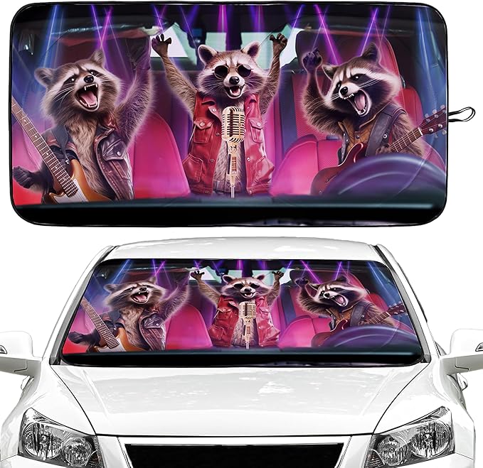 Funny Raccoon Car Windshield Sun Shade Foldable Sunshade Front Window Cover Sun Visor Protector Accessories (59x27.5 inches)