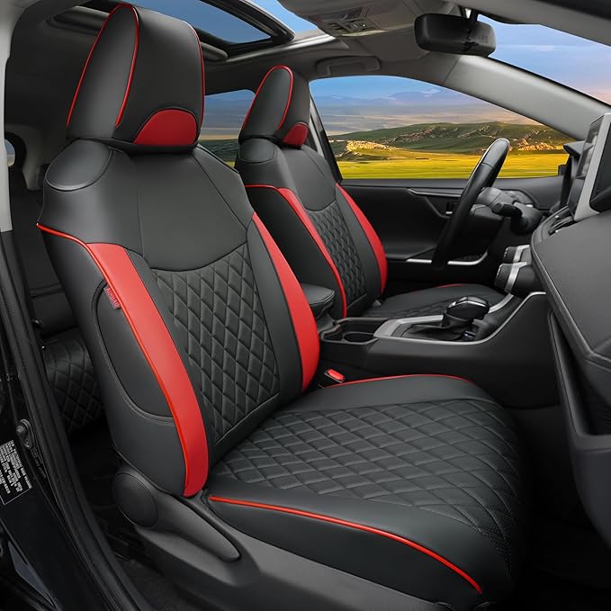 Lolcar Rav4 Seat Covers Custom Fit for Toyota Rav4 (for Hybrid) 2019-2025 LE,XLE,XLE Premium,Limited,Woodland Edition, Leather Truck Seat Cover Full Set for SUV,Faux Leather(Black red Grid)