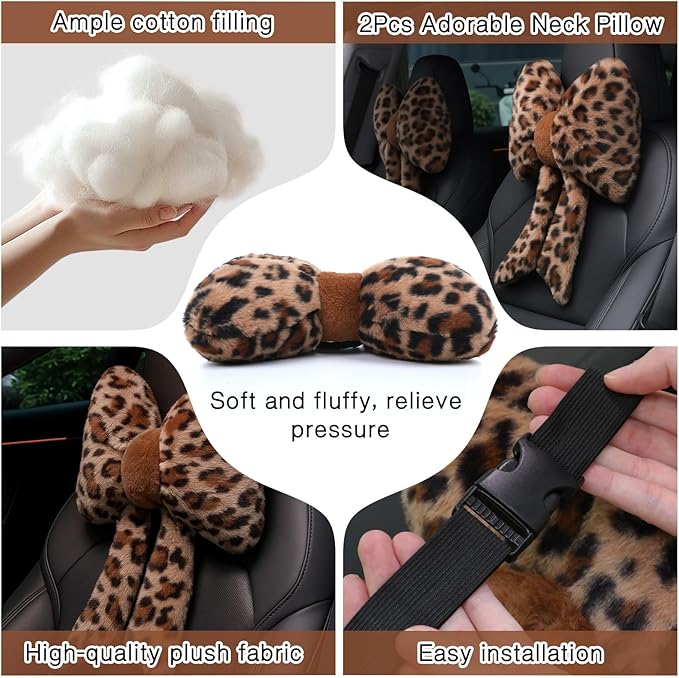 Macarrie 2 Pcs Car Neck Pillow Plush Butterfly Bow Car Headrest Pillow Comfortable Seat Neck Support Cute Head Rest Accessories for Driving Travel Driver Chair Girl Style Interior Decor(Leopard)
