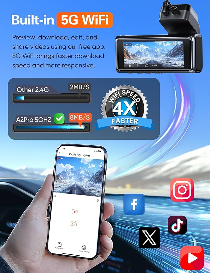 Navycrest 4K+2.5K WiFi Dash Cam Front and Rear, Built-in 5G WiFi, Free 64GB Card, Dash Camera for Cars, Dual Dashcam, G-Sensor, 24/7 Parking Mode, 3'' IPS Screen, Loop Recording, WDR Silver