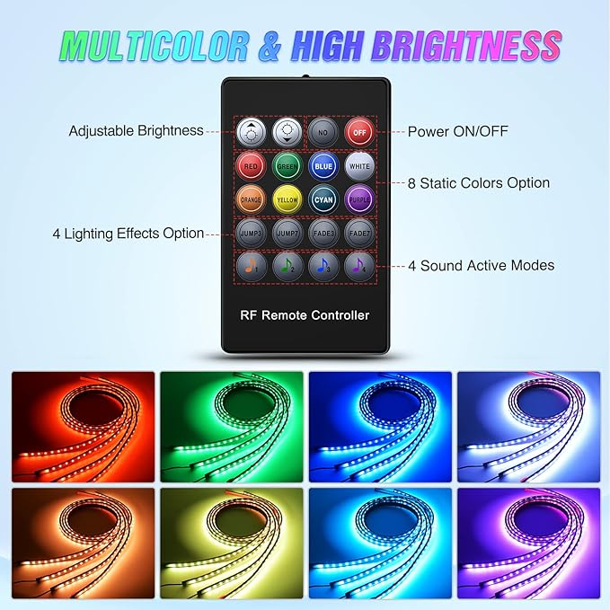 Nilight 4Pcs Car Underglow Neon Accent Strip Lights 252 LEDs RGB 8 Color Sound Active Function Music Mode with Wireless Remote Control Underbody Light Strips for Cars Van SUV Truck