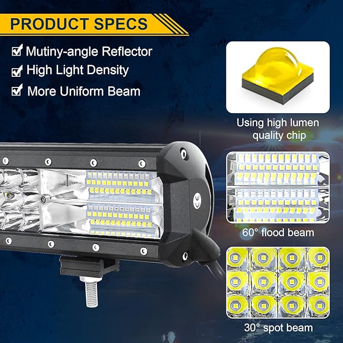 AUXTINGS 12 inch 180W LED Light Bar Triple Row Spot Flood Beam Off Road Lights Waterproof Work Light with Wiring Harness for Jeep Trucks SUV ATV UTV Boat Lights,DC 12V 24V