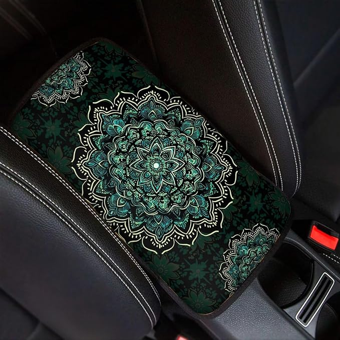 Dreaweet Turquoise Lotus Mandala Arm Rest Cover for Car Women Bohemian Car Accessories Soft Scratch-Proof Center Console Pad Universal Armrest Cover for SUV Truck Sedan