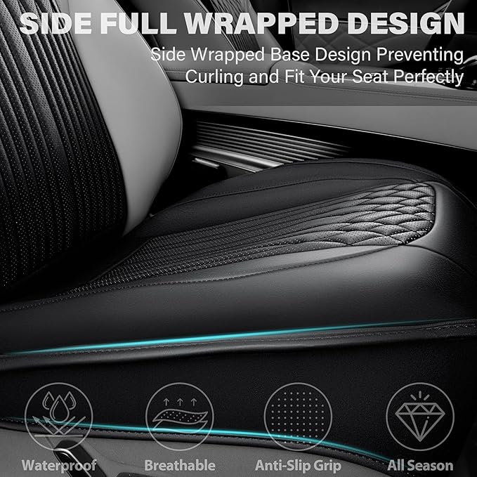 CAR PASS Car Seat Protector, Sideless Seat Covers for Cars, All Season Waterproof Nappa Leather Breathable Front Seats Cushion with Storage Pocket Universal Fit Vehicle Car SUV Truck, 2 Pack All Black