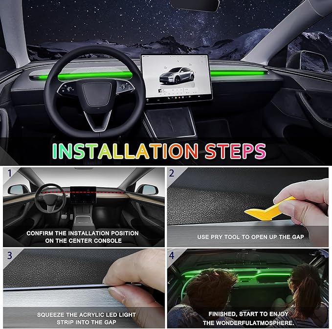 Acrylic Interior Car LED Strip Light with 6mm Sewing Edge - 43.3 inches Ambient Lighting Kits, Neon LED Strip Light(110CM/43.3IN, Green)