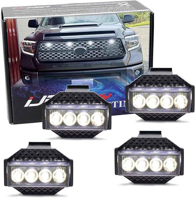 iJDMTOY 4pc Black-Out Smoked Lens Xenon White Full LED Front Grille Clearance Light Kit Compatible with Toyota 2018-2021 Tundra w/Honeycomb, Non-TRD, Non-Horizontal Beam Grille