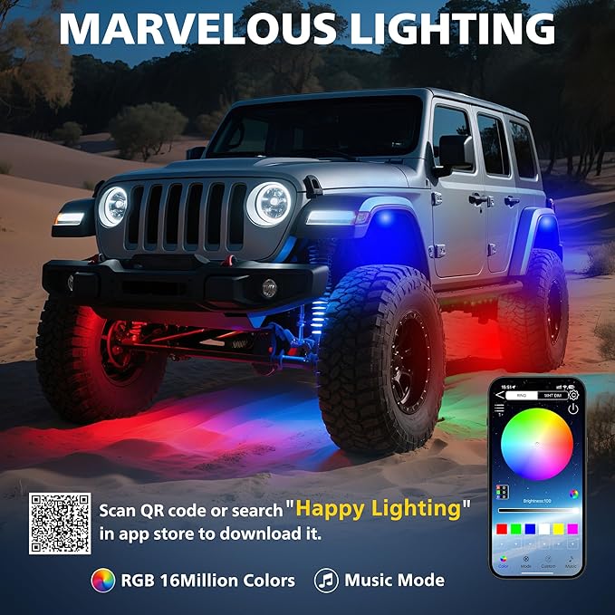 4WDKING RGB LED Rock Lights - 8 Pods Multicolor Rock Light Kit Timing, Music Mode for Underglow Off Road Car Truck Boat