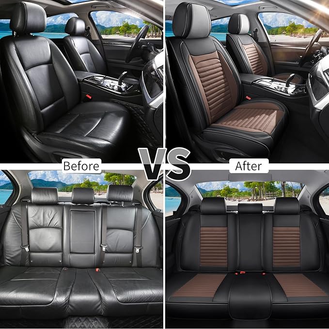 Car Seat Covers Full Set Fit for Toyota Yaris 2007-2020, Premium Faux Leather Car Seat Protector,Breathable Anti-Slip Full Wrapping Edge Seat Covers(Black&Brown,Full Set)