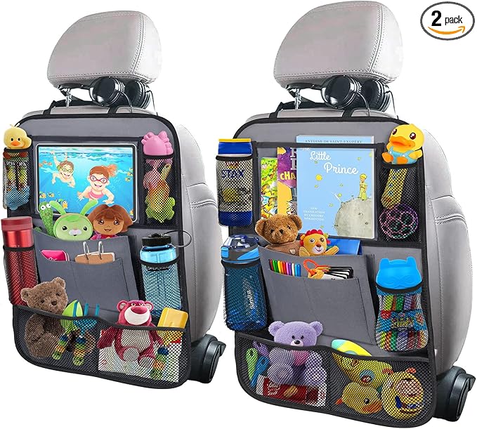 ULEEKA Car Backseat Organizer with 11" Table Holder, 10 Storage Pockets Seat Back Protectors Kick Mats for Kids Toddlers, Travel Accessories, 2 Pack, Gray