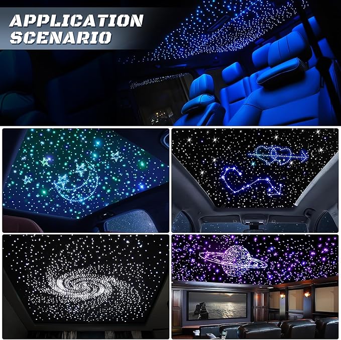 Split 4 Colors 12W Car Starlight Headliner Slim Kit 860pcs*0.02in*9.8ft with APP&RF Remote,RGBW Fiber Optic Starlight Kit,4 Port Engine Sound Activated Star Lights for Ceiling Car Roof/Home Decor