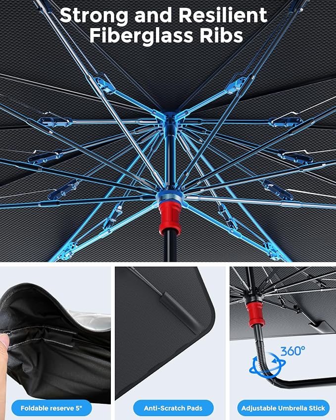 DMJN Umbrella Windshield Sun Shade - Large, Car Sunshade for Front Windshield [Nano Ice-Crystal Coatings] UPF50+ Heat & UV Block, Protect Interior & Keep Cooler Universal for Car, SUV, Truck
