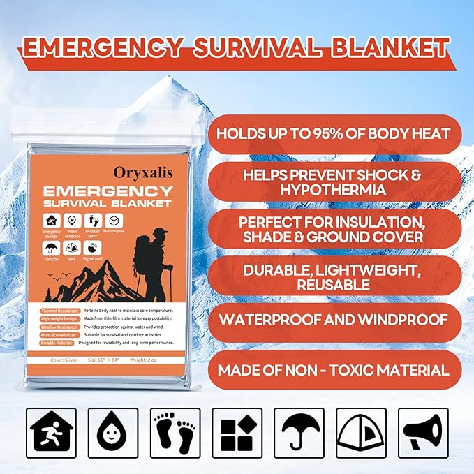 Emergency Mylar Thermal Blankets, 10-Pack Silver Space Blanket for Survival Kit, Winter Car Emergency & Outdoor Camping Safety. Body Heat Reflective Foil Blankets for Survival Gear & First Aid