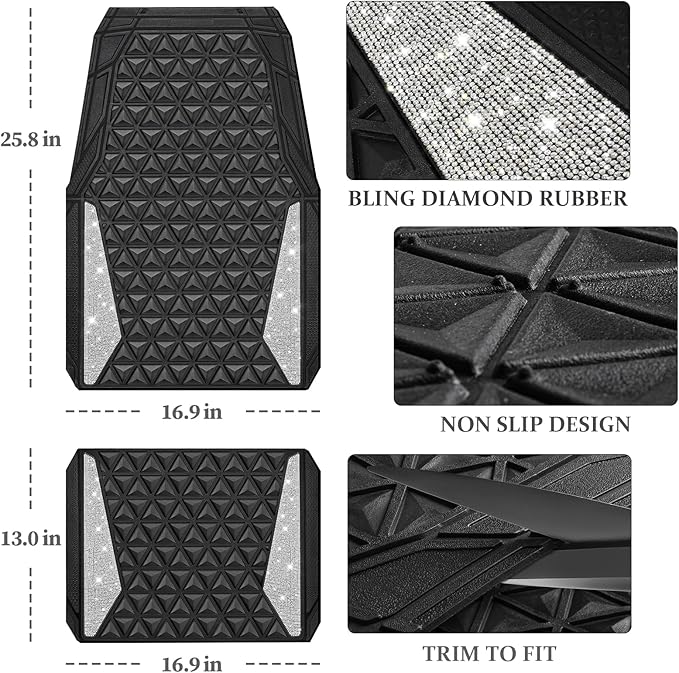CAR PASS Bling Diamond Car Mats Rubber Floor Mats Full Set Anti-Slip 3D Rhombus Waterproof Trim to Fit Liner Universal Glitter Crystal Sparkly Shining Rhinestone Girl Women SUV Sedan, Silver Diamond