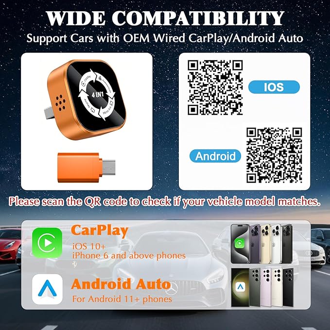4-in-1 Wireless CarPlay Screen Mirroring Adapter for Apple CarPlay/Android Auto, 2026 Upgraded AirPlay MirrorLink Adapter, CarPlay Dongle Convert Wired to Wireless, Type C Extension, Plug & Play