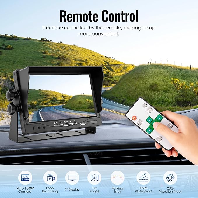 7" 2-Wired Backup Camera System, DVR Dual Screen Rear View Camera, IP69 Waterproof IR Night Vision, 20G Vibration-Proof for Trailer/RV/Tractor/Truck/Combine/Skid Steer/Heavy Equipment/UTV, Y1