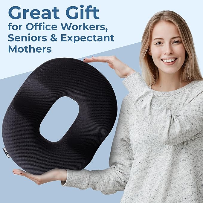 5 STARS UNITED Donut Pillow Hemorrhoid Tailbone Cushion – Large Floor Cushion for Pain Relief – Coccyx, Prostate, Sciatica, Pelvic Floor, Pressure Sores, Pregnancy, Postpartum Recovery, Black
