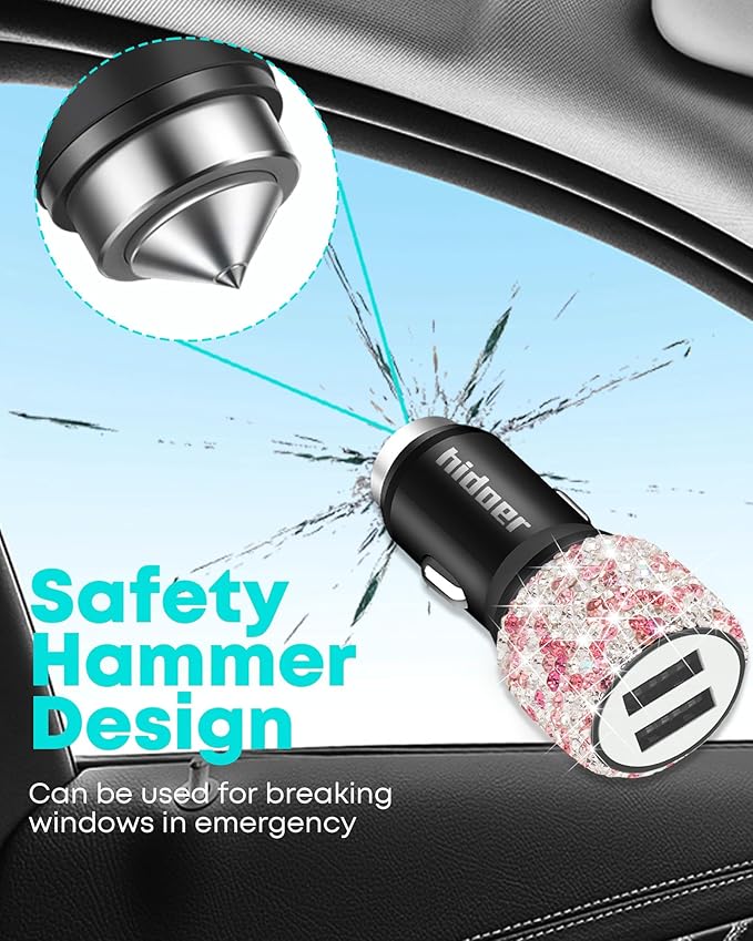 Bling USB Car Charger 5V 2.4A Mix Crystal Decor Dual Port Fast Adapter with 4ft Nylon Type C Micro USB 3 in 1 Multi Charging Cable for iPhone iPad Android, Auto Interior Accessories for Women