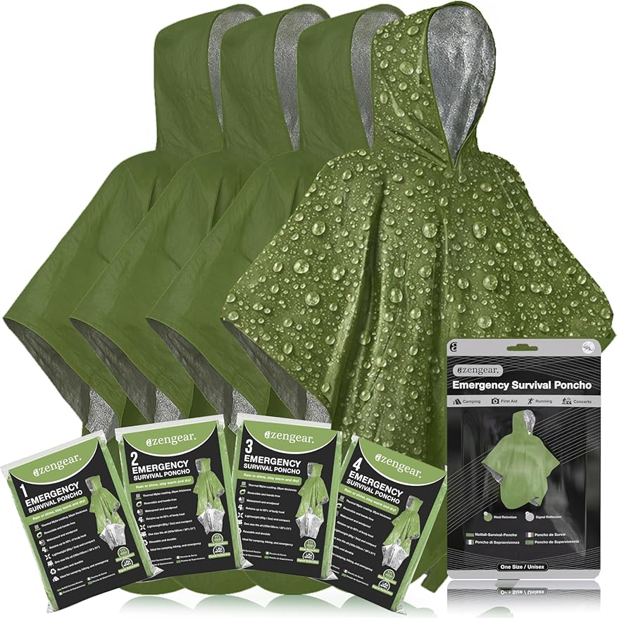 aZengear Emergency Survival Poncho (4pc) Thermal Mylar Foil Blanket for Heat Retention and Rain | Reversible with Hood | Waterproof, Windproof, Portable, Hands-Free, Outdoor Kit (Green)