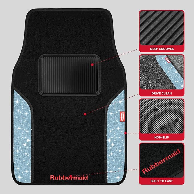 Rubbermaid Bling Car Mats, Carpeted Floor Car Mat with Faux Leather & Built-in Heel Pad, Two-Tone Car Rug Floor Mats, Stylish Carpeted Floor Mats for Cars, Trucks & SUVs Glitter Blue Color