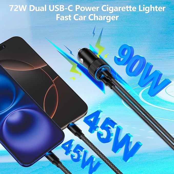 [Apple MFi Certified] iPhone 17 Car Charger, Linocell 90W USB C Car Charger Dual PD Power Cigarette Lighter Adapter with 2Pack Type C Braided Cable for iPhone 17/17 Pro Max/16/15/Galaxy S26/S25/Pixel