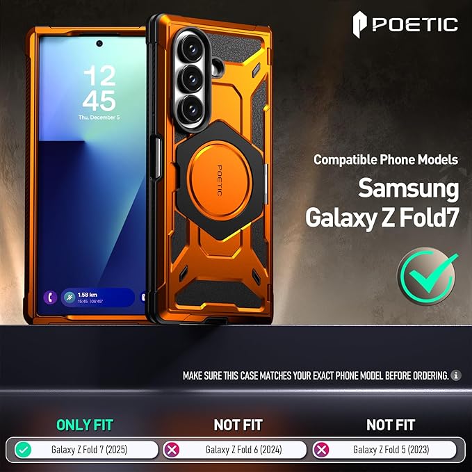 Poetic Spartan for Samsung Galaxy Z Fold 7 Case, [Hinge Protection][Magnetic Ring Adjustable Stand][Built-in Screen Protector][Compatible with MagSafe] Full-Body Rugged Phone Case, Metallic Orange