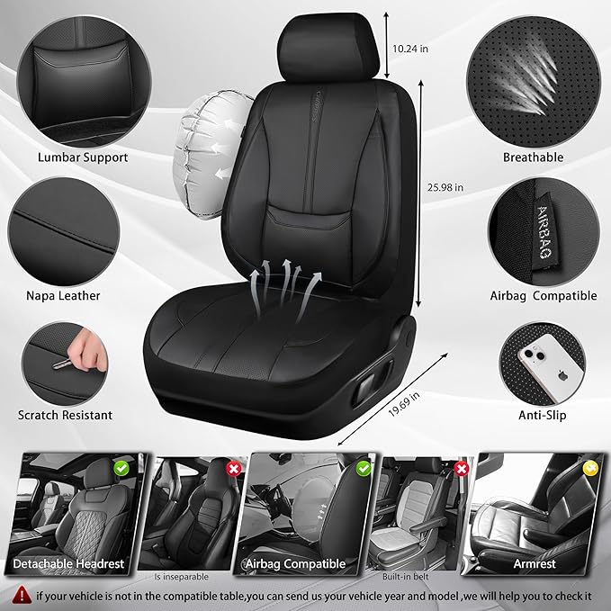 CAR PASS Nappa Leather Car Seat Covers, Water Resistant 3D Foam Faux Leather Seat Covers, Lumbar Support Automotive Seat Covers 2 Front Seats, Comfort & Universal Fit for Cars SUV Truck, Solid Black